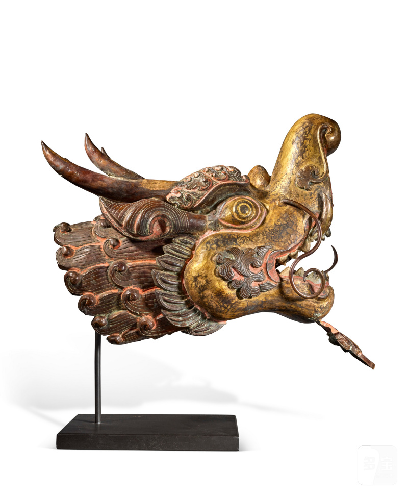 TÊTE DE MAKARA EN BRONZE PARTIELLEMENT DORÉ ET POLYCHROME  TIBET, XIXE SIÈCLE